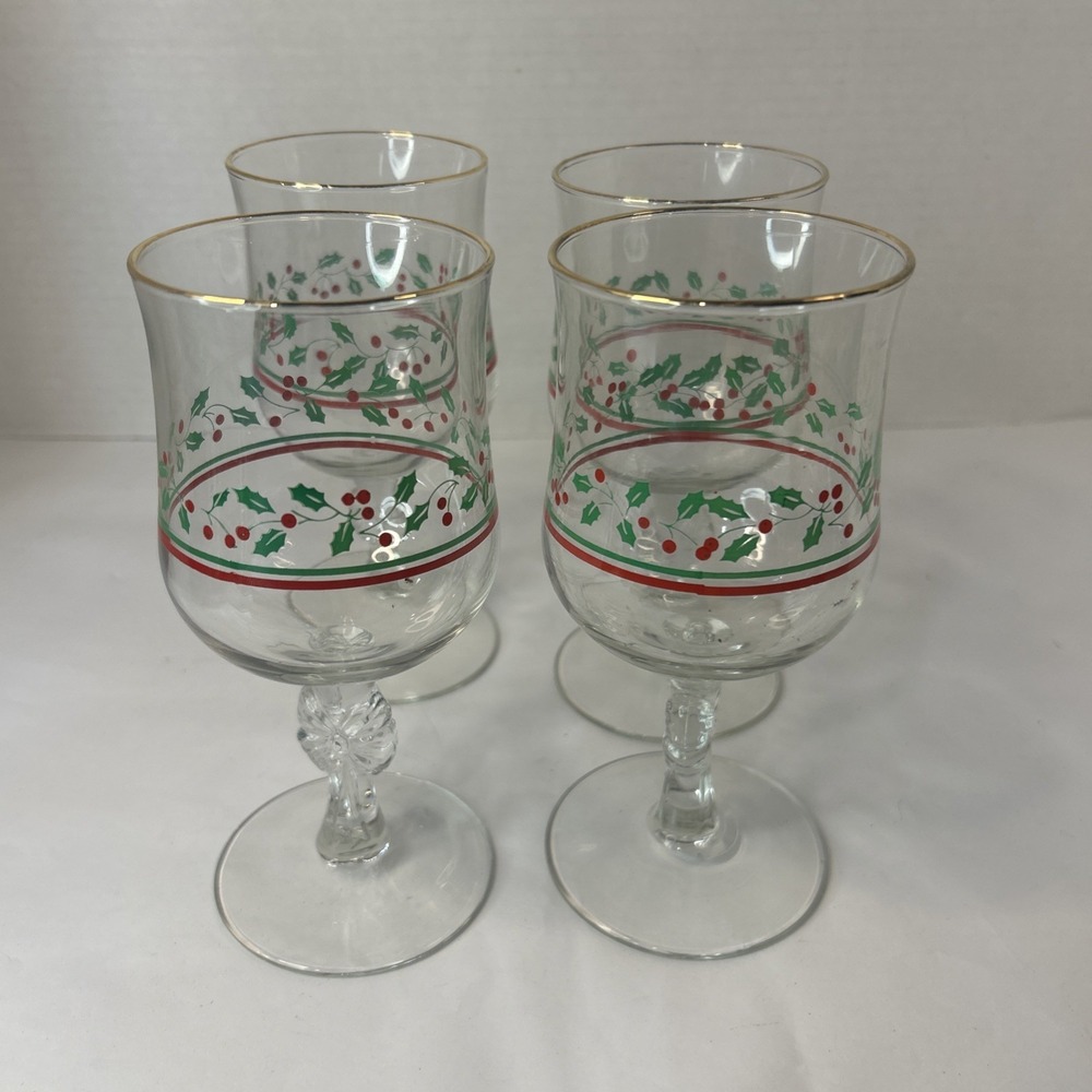 Libbey Arby's 1985 Holly & Berry Christmas Wine Glasses Gold Rim Read